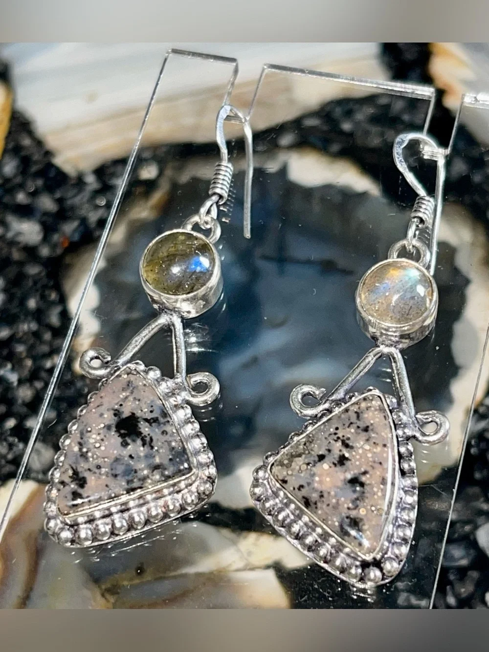 Honey Dendritic Agate & Labradorite Earrings 2 1/4”
